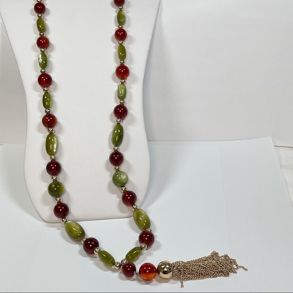 Long Vintage Rootbeer Bakelite and Olive Green Moonglow Bead Tassel Necklace